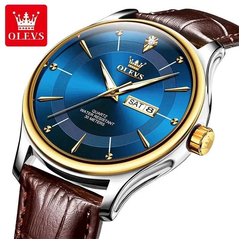 Olevs 9908 Blue Dial Brown Leather Strap Men's Watch